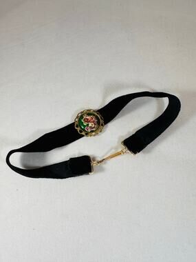Vintage Western Germany Black Velvet Choker Floral Cabochon Necklace 13"
